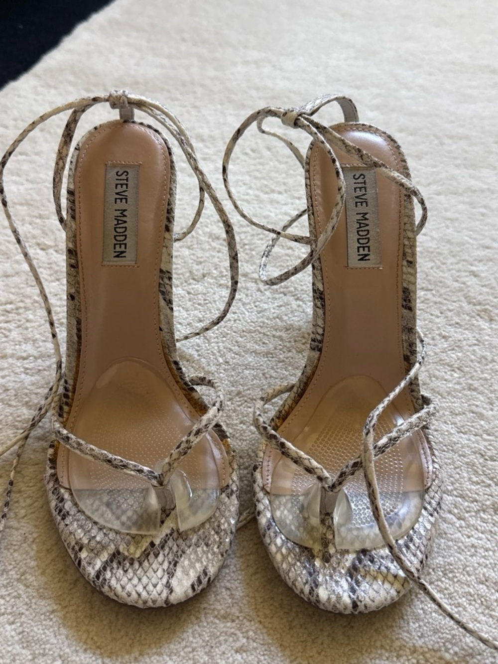 Steve Madden Beige Snake-Print Lace-Up Heels